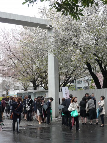 雨模様の中、葉桜の下記念写真の順番を待つ父兄